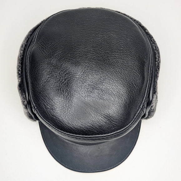 R&V black leather trapper hat faux fur lined fold down men's size XXL - Picture 6 of 9